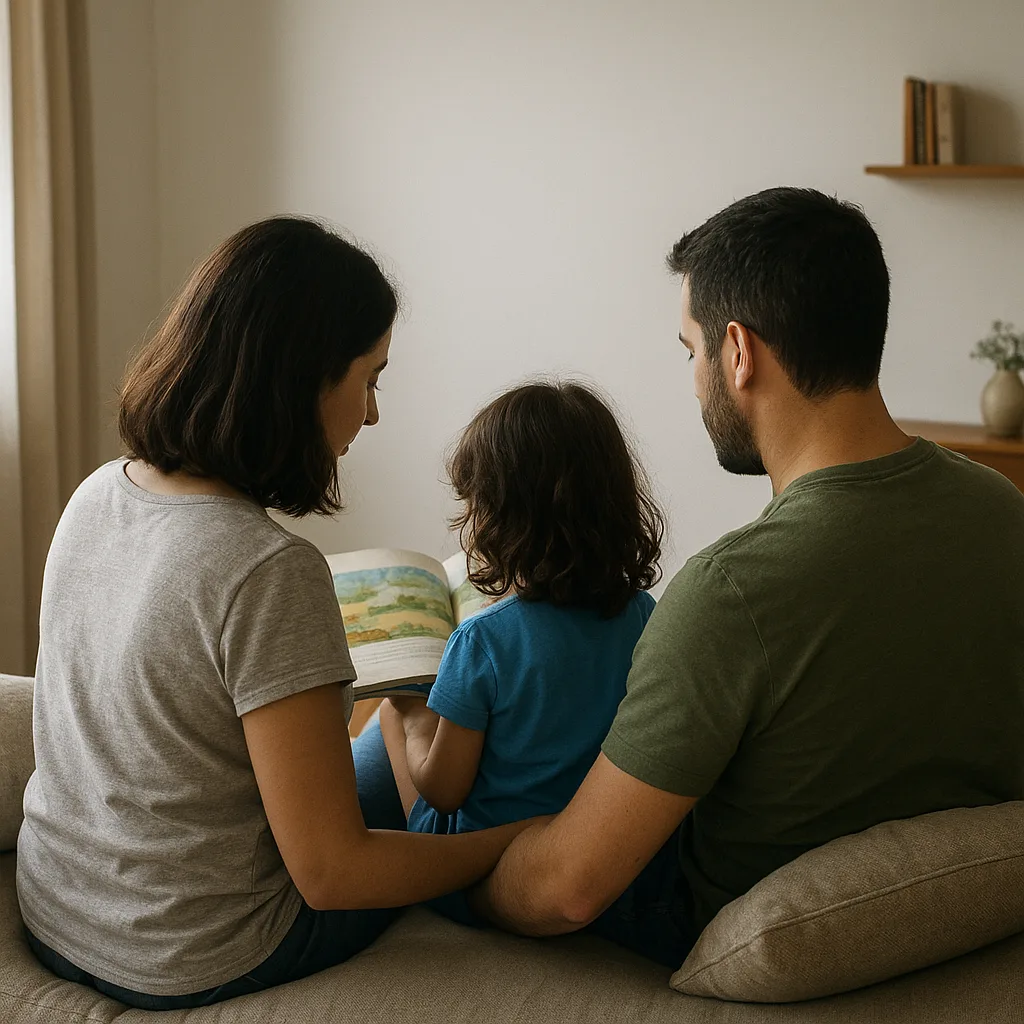 Sala de apartamento, de manhã: pai, mãe e a filha pequena, de costas, sentados no sofá olhando juntos um livro ilustrado